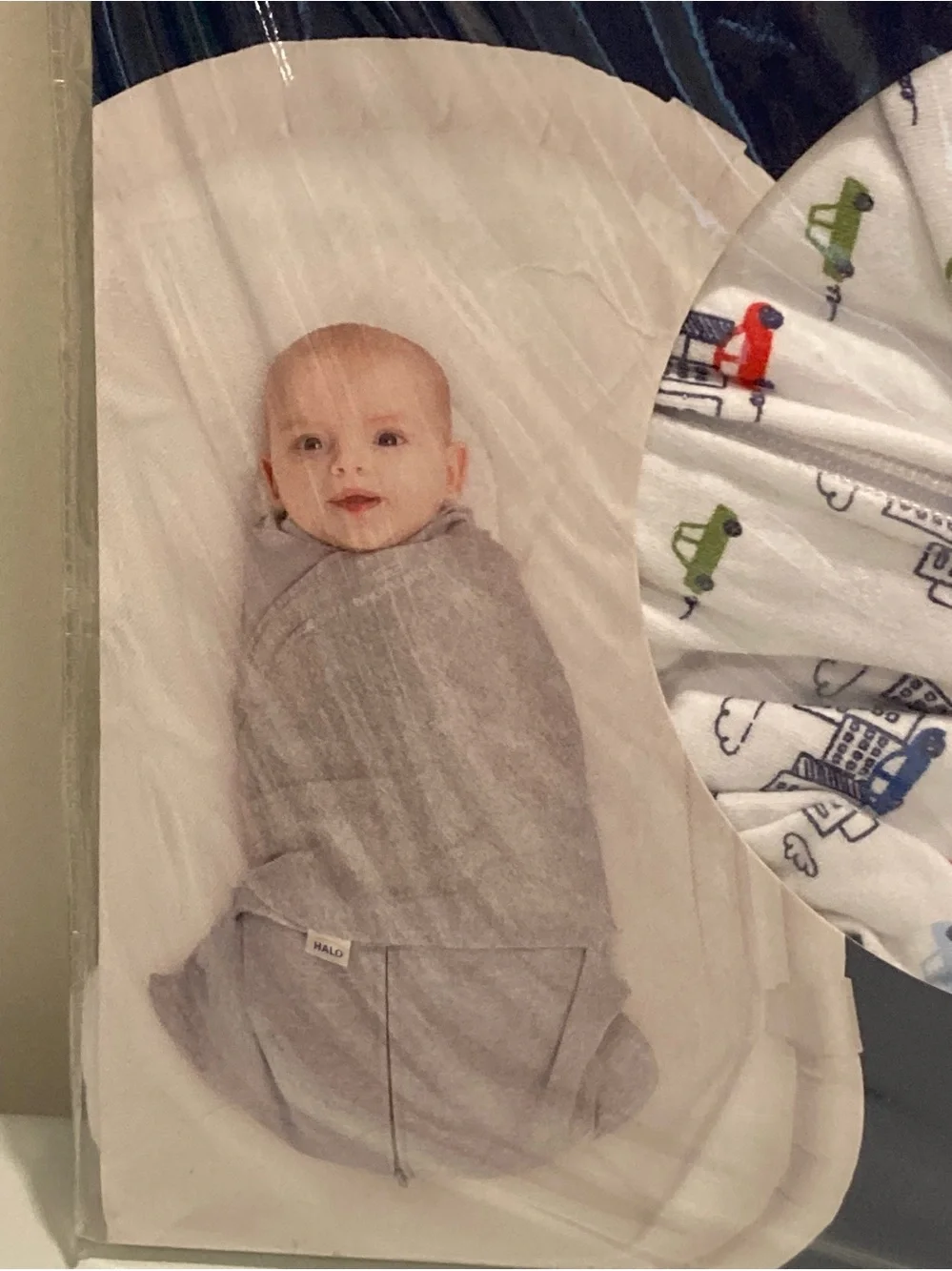 HALO SleepSack Swaddle Baby Pajamas - White with Multi Vehicle Print NWT